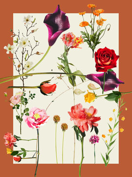 High resolution modern floral foulard design with warm brick red border and soft beige background