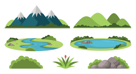 Landscape collection featuring mountains river lake and vegetation illustrations © MOHAMMAD