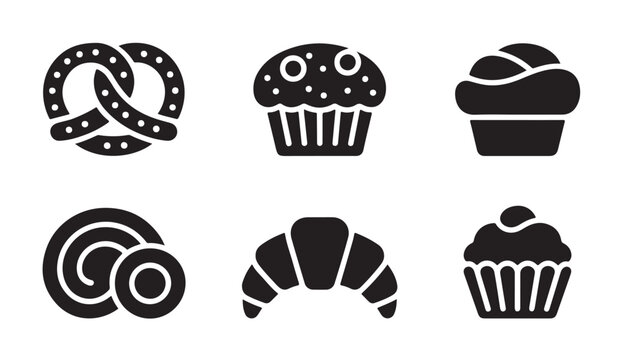Freshly baked bread and sweet pastry icons including croissant pretzel and muffin set.