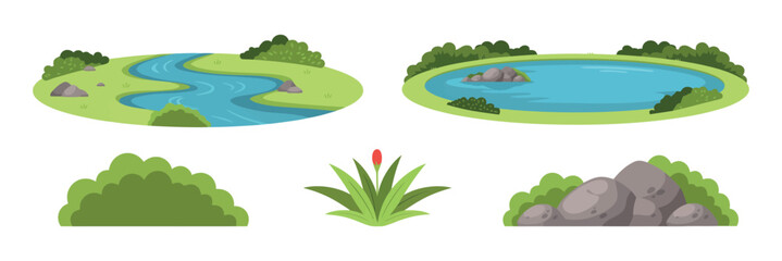 Landscape Illustration With River Pond Bushes And Grasses terrain © MOHAMMAD