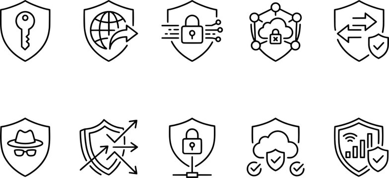 Cybersecurity shield icons set, encryption key, globe security, padlock circuit, cloud network, verified transfer, anonymity, multi-layer protection