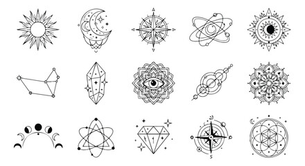 Mystical celestial line art collection, 15 esoteric sacred geometry icons, minimalist astrology and alchemy vector elements for branding © Nazim