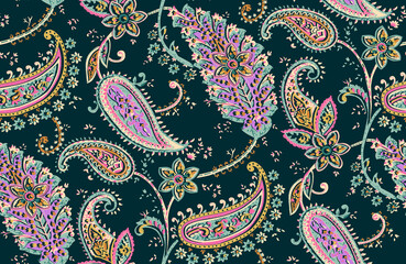 Seamless repeating pattern with paisley motifs placed at different angles, balanced by smaller floral elements and filler © Venkatsai