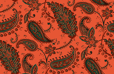 Seamless repeating pattern with paisley motifs placed at different angles, balanced by smaller floral elements and filler © Venkatsai