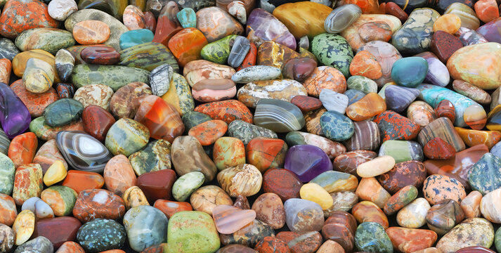 A Panorama of Focus Stacked Tumbled Stones Found on The Shore of Lake Superior