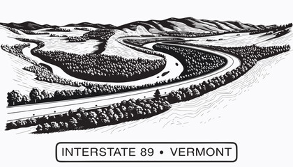 Obraz premium Very beautiful black and white realistic vector illustration of an aerial view of Interstate 89 and the Winooski River featuring winding highway, flowing river, rolling hills, autumn woodland, and a b