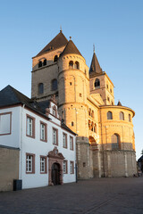Fototapeta premium High Cathedral of Saint Peter in Trier, Moselle Valley Germany, roman catholic dom, brickwork tower facade 