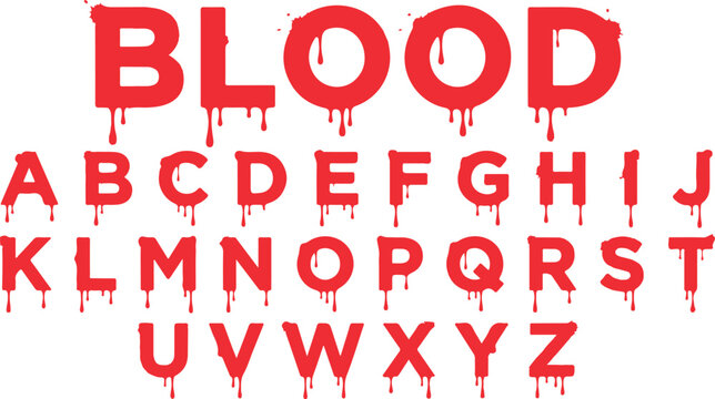 Horror dripping blood alphabet font vector set. Bold red capital letters from A to Z with liquid splatters and gory bleeding trails for spooky title design.