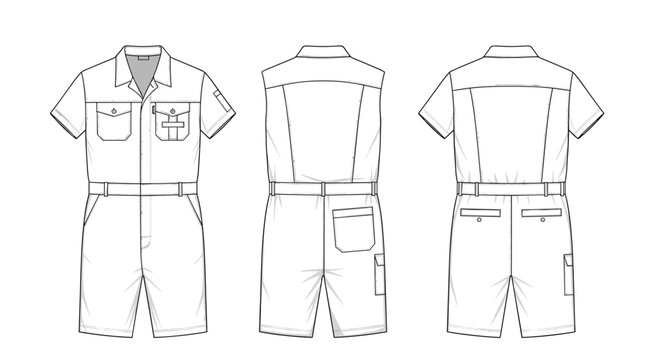 Technical fashion illustration of a men short-sleeve work coverall or jumpsuit in three different views for industrial uniform design.