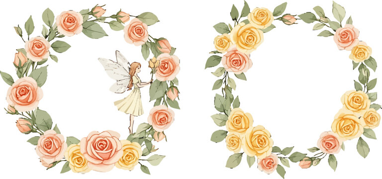 Watercolor floral wreath set with peach and yellow roses and a small fairy illustration for wedding invitations