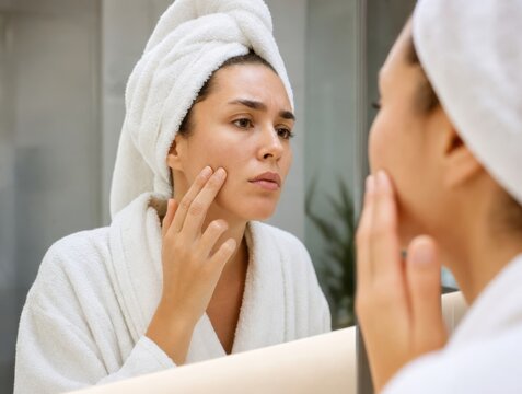 Young woman checking her facial skin in a bathroom mirror after showering with skincare bathroom bathrobe