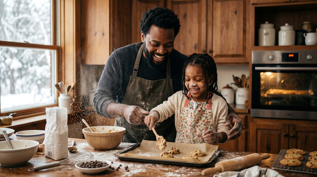 Black father and daughter baking warm chocolate cookies together on a cold afternoon