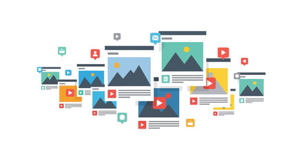Fototapeta premium Digital Content Management and Social Media Marketing Concept Illustration with Video and Image UI Cards