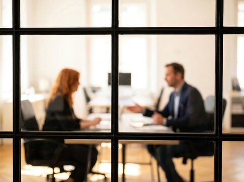 Professional business people meeting and discussing work behind glass partition with business, professional
