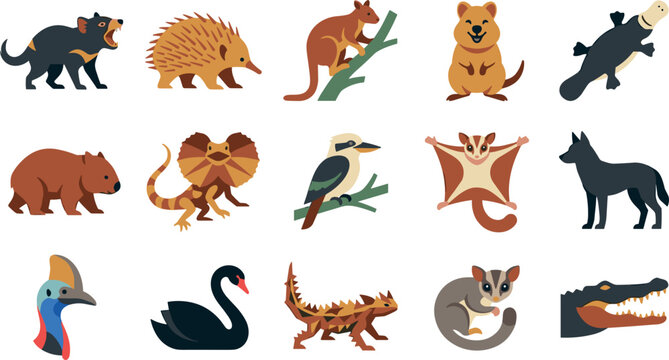 Australian Animals Wildlife Icon Set with Native Fauna Symbols Including Kangaroo Wombat Platypus Tasmanian Devil and Koala for Zoo and Education Vector Illustration