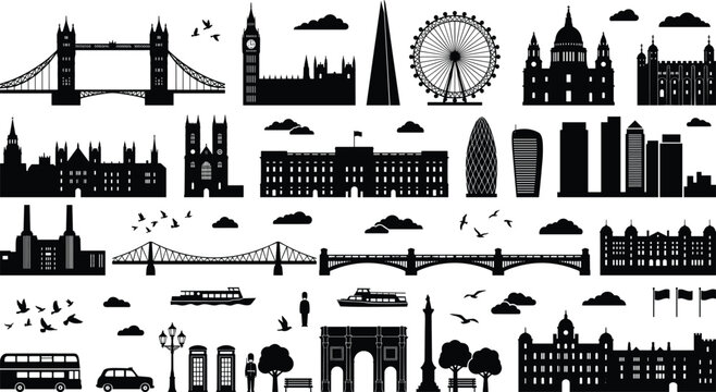 London Skyline Design Bundle with Famous Buildings Street Furniture and Wildlife