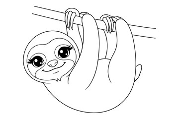 Cute cartoon sloth hanging from a branch coloring page, black and white outline for kids. © SUBRATAKUMAR