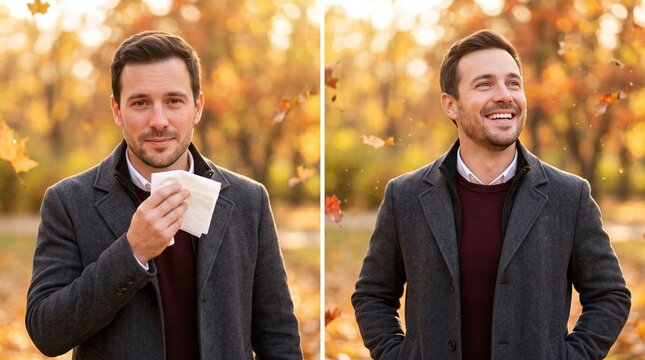 Before After Split Screen Allergy showing a male comparing an unwell state with a healthy smiling portrait for pharmaceutical ads clinic banners or rhinitis treatment flyers