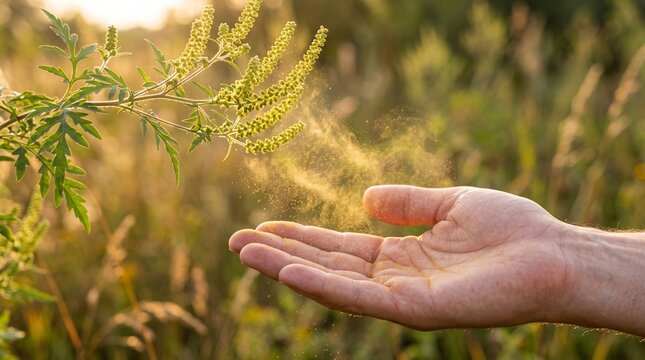 Hand Catching Ragweed Pollen Closeup showing yellow dust falling from ambrosia plant onto a male palm for environmental blogs biology websites or rhinitis warning posters