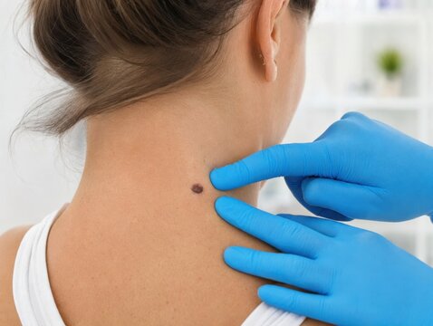 Dermatologist examining a mole on a woman's back during a skin cancer screening appointment with check