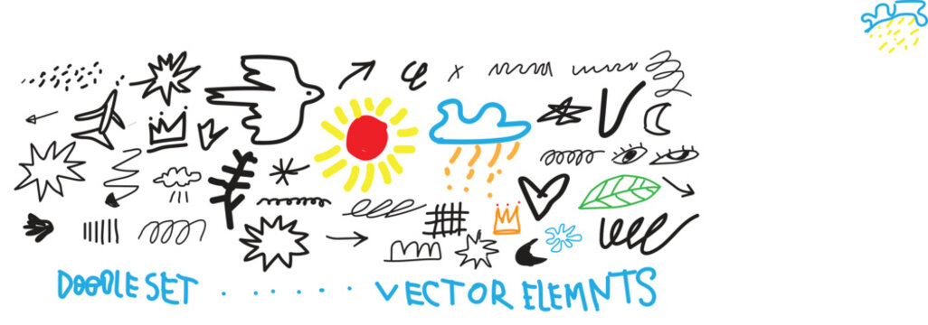 Handdrawn doodle vector elements set with stars, arrows, sun, cloud, heart, leaf, crowns, and abstract scribbles