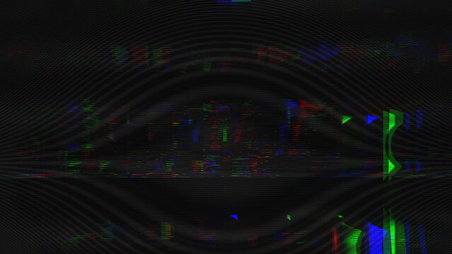 Glitch texture, digital video noise on dark abstract background, retro VHS screen artifacts with RGB distortion and moire effect