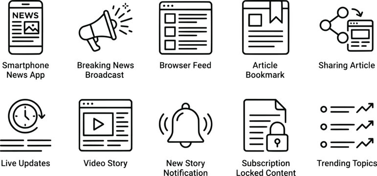 Digital news icons, smartphone app, breaking news, browser feed, article bookmark, sharing content, live updates, video story, trending topics
