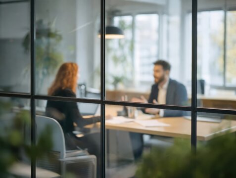 Two professionals in a modern office having a business meeting behind glass partitions with business, planning