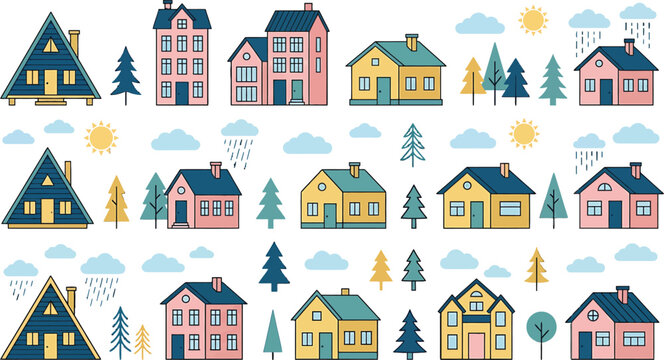 Set of colorful suburban houses and pine trees with weather elements in a flat vector illustration style