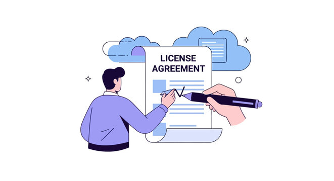 License Agreement Signing Concept with Character and Hand for Legal Software Terms Illustration