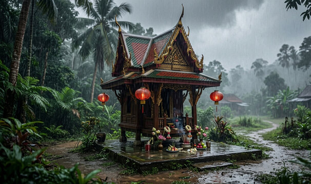 Traditional Thai spirit house shrine in a lush tropical jungle during heavy rain