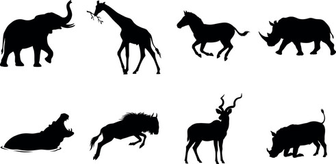 African Wildlife Animal Silhouettes Collection Featuring Elephant, Giraffe, Rhino, and More © ROUNOK
