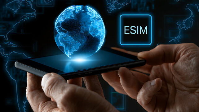 Hands holding a smartphone with a glowing blue globe and esim symbol on the screen
