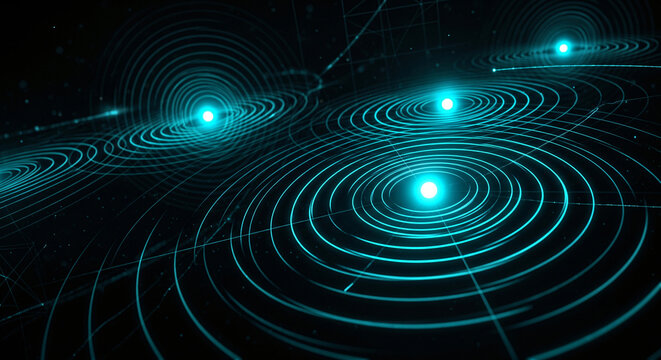 HDR photography of molecular surface wave interference projecting a glowing neon abstract cyan grid
