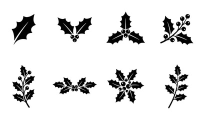 Fototapeta premium Christmas Holly Icons, Festive Vector Elements, Winter Holiday Decorative Sprigs, Black and White Graphics