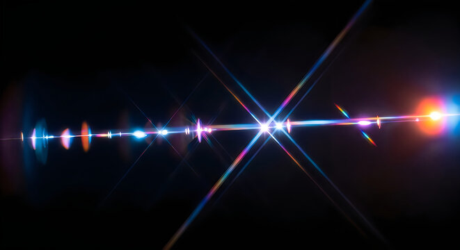 Abstract lens flare streaks with vibrant rainbow colors against a dark black background cinematic lighting effect