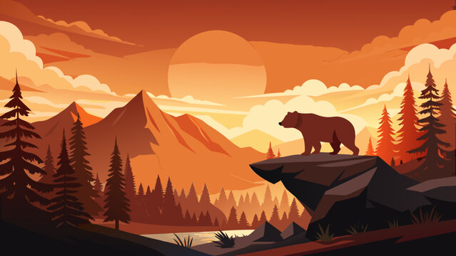 Bear silhouette walks on rocky cliff edge. Pine forest and mountain landscape during vibrant orange sunset. Wild nature scene with graphic grunge art style.
