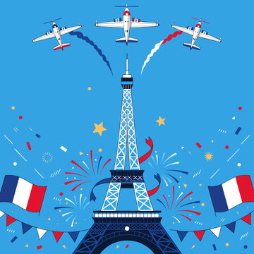 French National Day Illustration, Eiffel Tower and Patrouille de France Planes, 14th July Celebration, Republic Day Concept