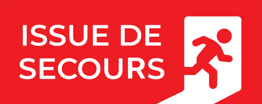 French emergency exit vector sign, issue de secours white text and running man icon on red background for building safety evacuation and emergency security guidelines