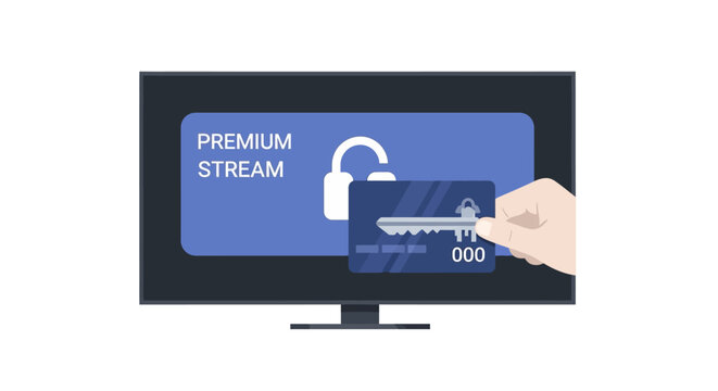 Illustration of Hand Unlocking Premium Streaming Service Content with Credit Card Key on TV Screen