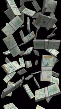 Vertical Venezuela Money, Falling Venezuelan Bolivar Bills Black Background, Premium Latin America Inflation Cash Stacks, 4K