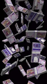 Vertical Qatar Money, Falling Qatari Rial Bills Black Background, Premium Middle East Dubai Finance Cash Stacks, 4K
