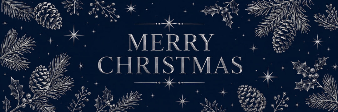 Merry Christmas vintage pine cones and holly branches holiday background