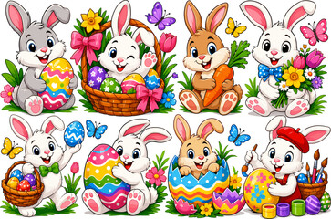 Naklejka premium Easter Bunnies Holding Colorful Eggs and Flowers in a Festive Spring Celebration Illustration Featuring Easter Bunnies Holding Colorful Eggs, Spring