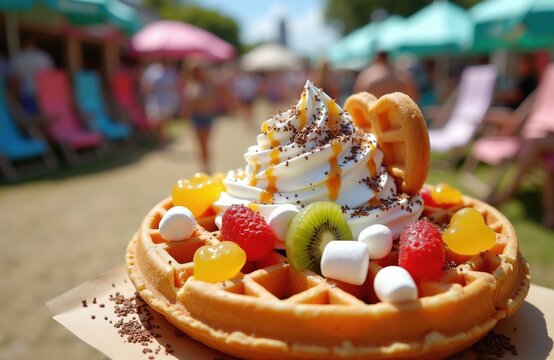 Bubble waffle topped with soft ice cream, fruits, jellies and syrup. Served at outdoor festival or carnival with lounge chairs and umbrellas in background. Fun summer treat.