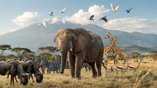 African savanna wildlife animals elephant zebra giraffe wildebeest birds flying mountain background