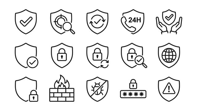 Black and white line icons of security and protection symbols including shields locks and checks on transparent background