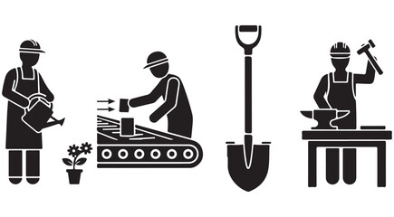 Labor and profession icons set with gardener factory worker shovel and blacksmith silhouette vector pictograms for manual work concepts © Peng