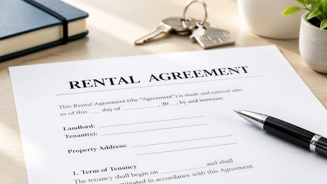 Close-up of a printed rental agreement document on a wooden desk beside a house shaped keychain with keys, a black pen, a bound notebook and a small green potted plant