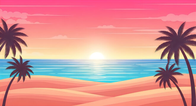 Panoramic tropical beach landscape with sand dunes and palm trees at colorful pink sunset over turquoise ocean